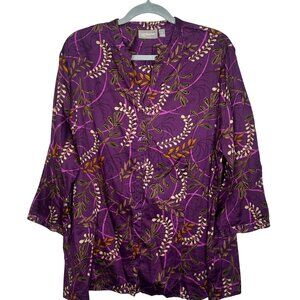 Button Up Purple Paisley Floral Blouse Womens 2X Floral 3/4 Sleeve Tunic Office
